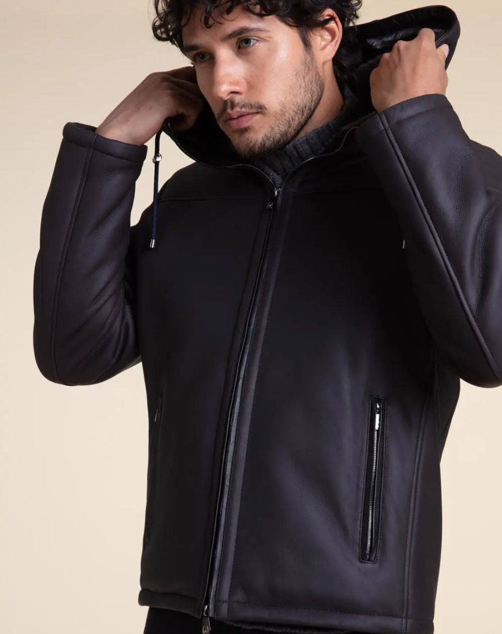 Men's Classic Black Shearling Hooded Leather Jacket