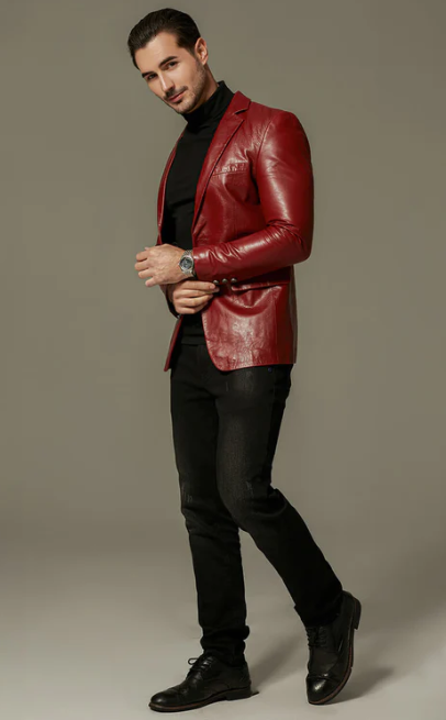 Men's Classic Leather Blazer In Red