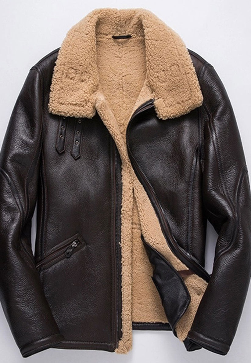 Men's Coffee Brown Aviator Fur Leather Jacket With Straped Collar