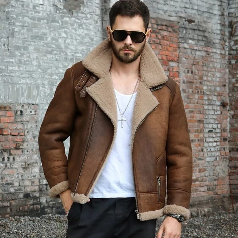 Men's Dark Brown B3 Sheepskin Biker Leather Jacket - Arcane Fox