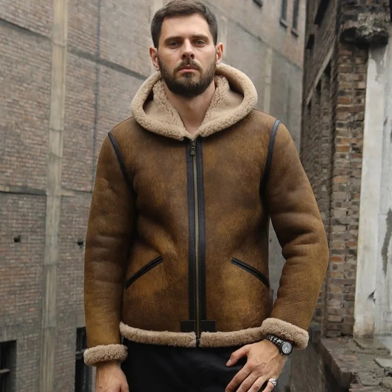 Men's Dark Brown B3 Sheepskin Distressed Leather Jacket With Hood - Arcane Fox