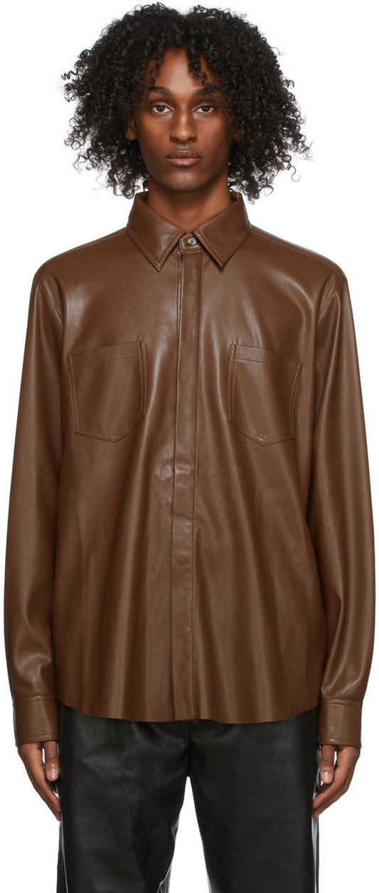 Men's Dark Brown Leather Shirt In Full Sleeve