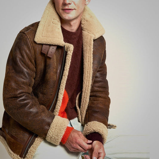 Men's Dark Brown Shearling Distressed B7 Leather Jacket