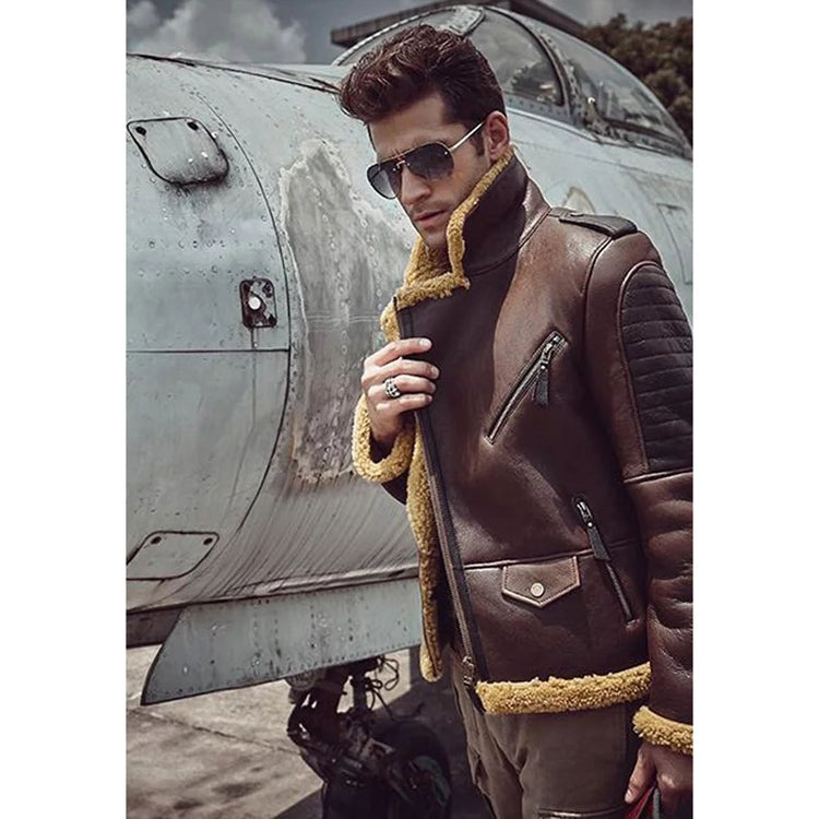 Men's Dark Brown Sheepskin Biker Fur Leather Jacket