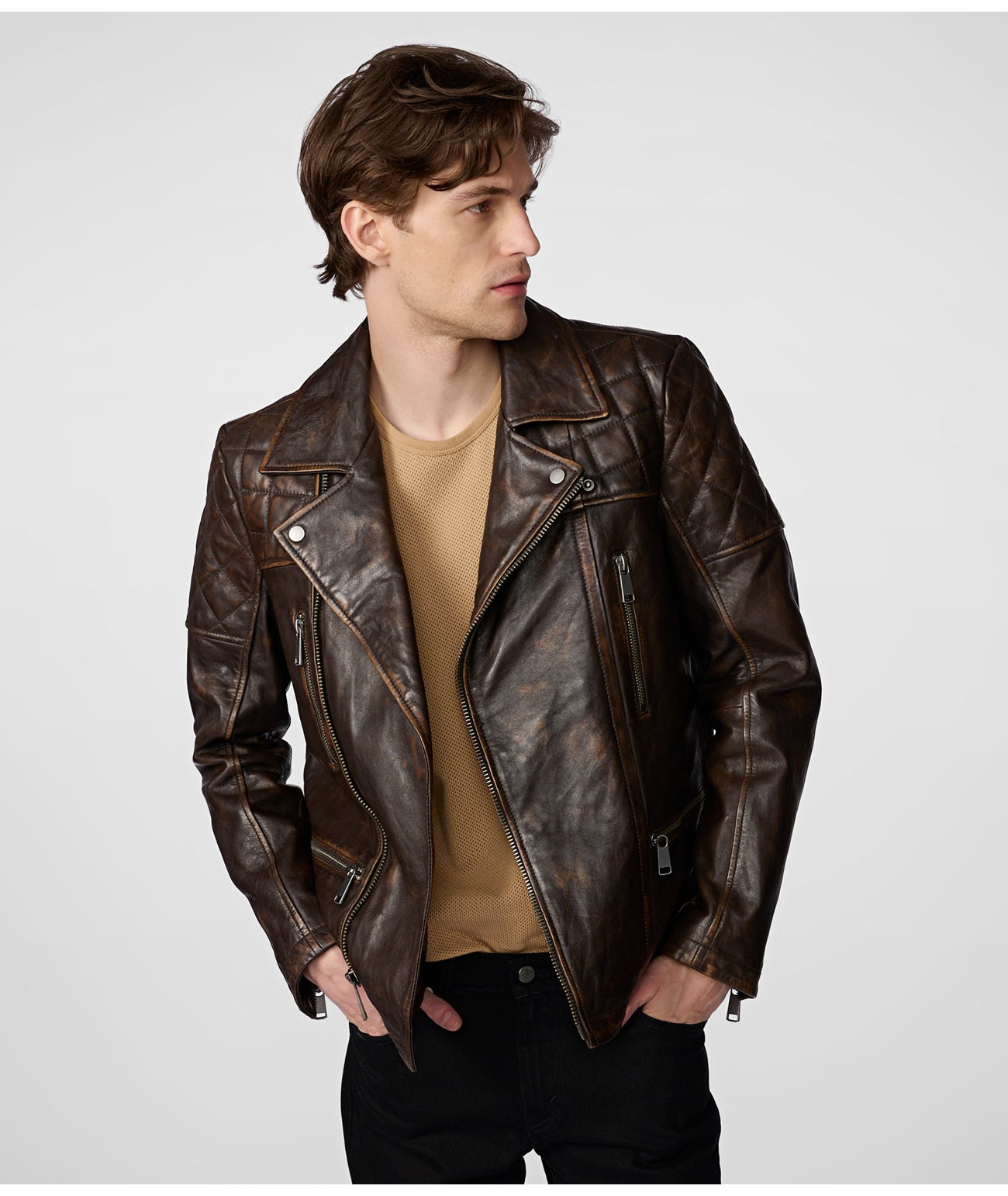 Men's Distressed Biker Leather Jacket In Dark Brown