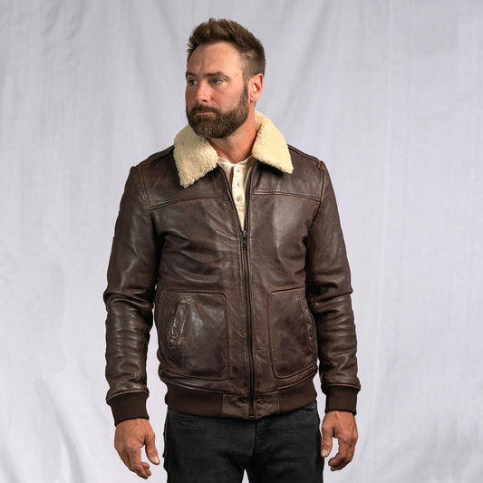 Men's Distressed Shearling Bomber Leather Jacket In Dark Brown