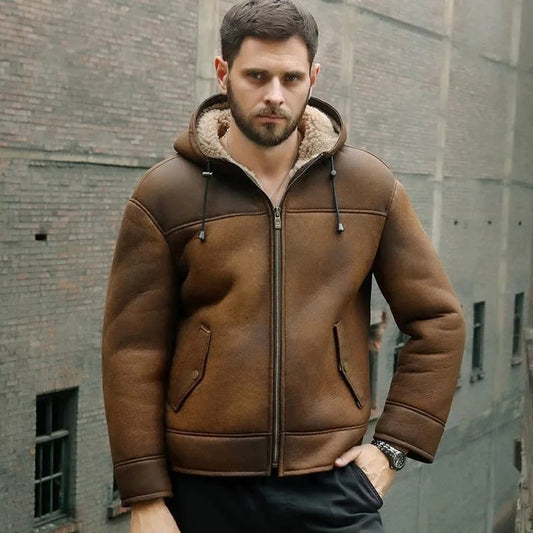 Men's Distressed Shearling Hooded Leather Jacket In Dark Brown