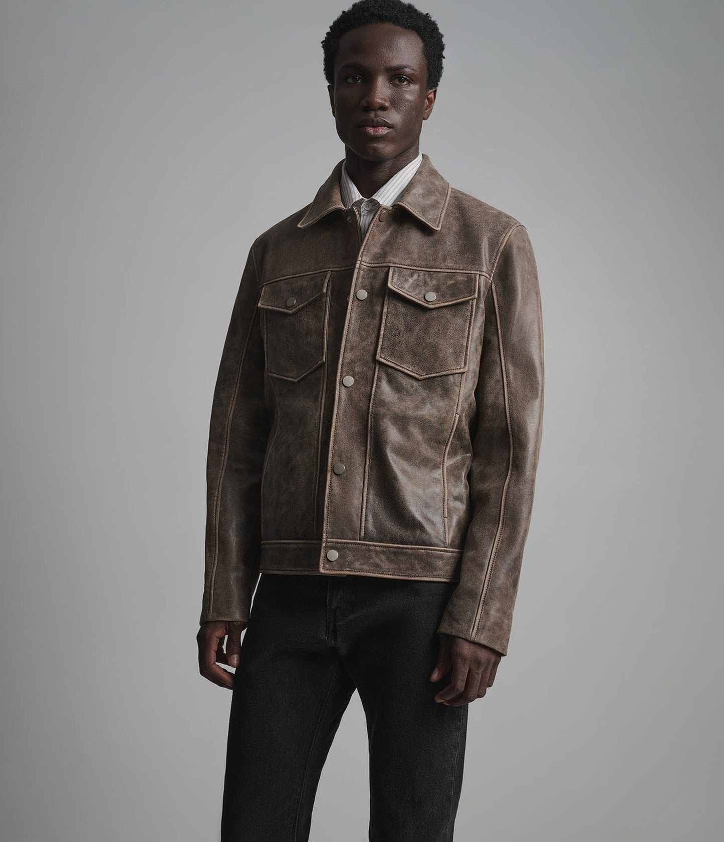 Men's Distressed Trucker Leather Jacket In Beige - Arcane Fox