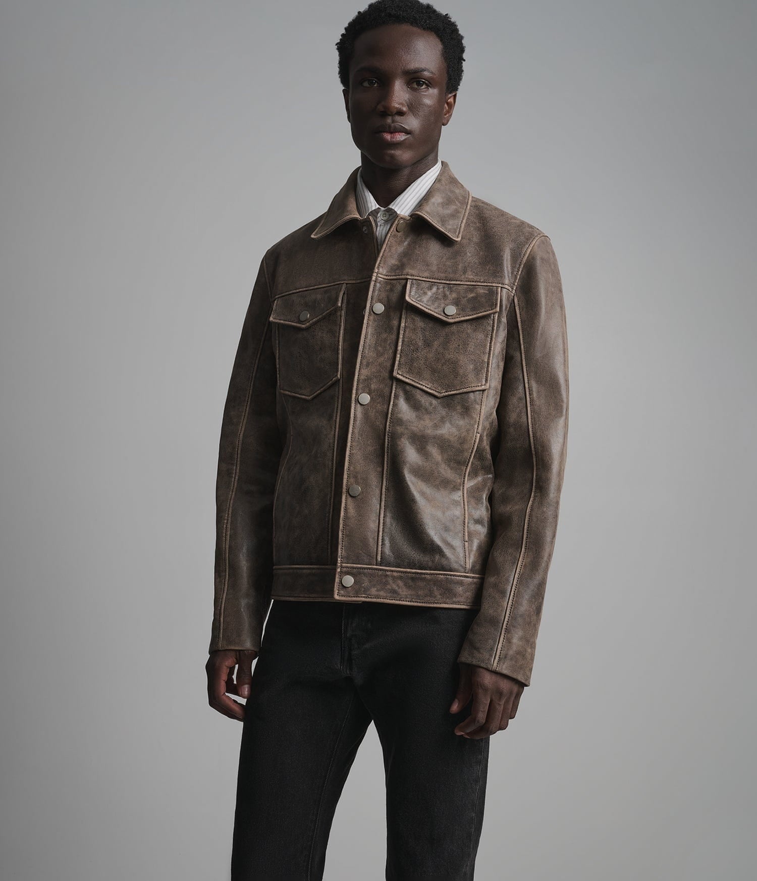 Men's Distressed Trucker Leather Jacket In Beige - Arcane Fox