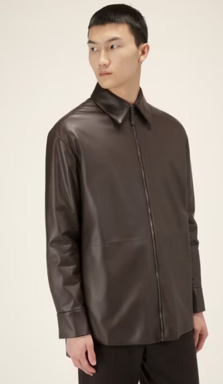 Men's Full Sleeve Leather Shirt In Coffee Brown