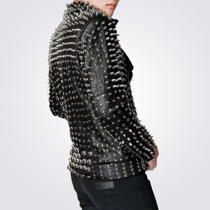 Men's Fully Studded Black Leather Jacket With Belt