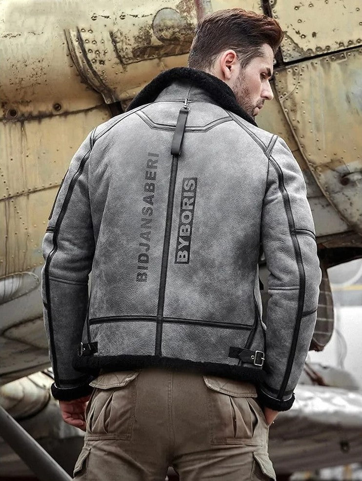 Arcane Fox - Men's Gray B3 Aviator Shearling Leather Jacket