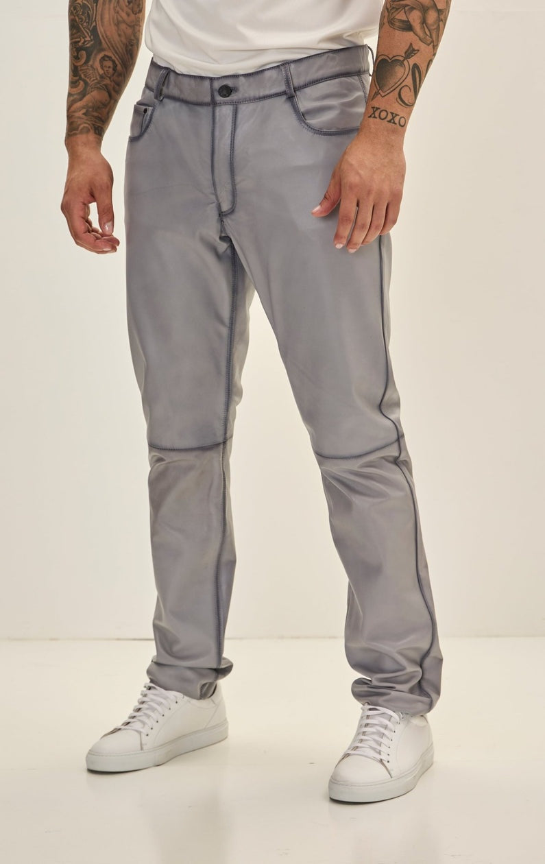 Men's Gray Biker Leather Pant