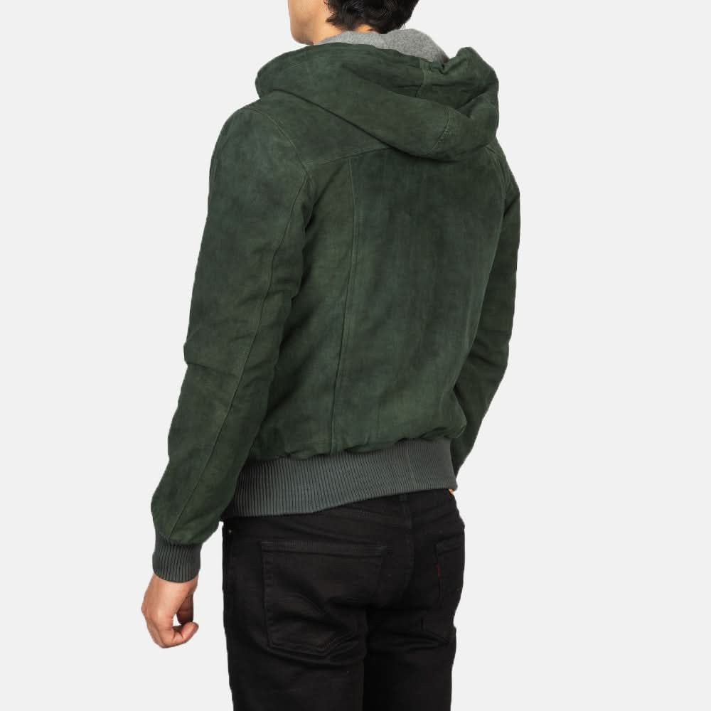 Men's Green Suede Hooded Leather Jacket