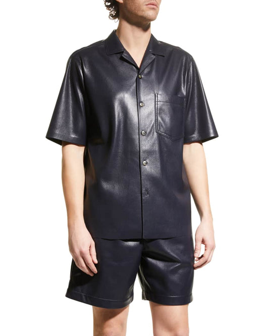 Men's Half Sleeve Leather Shirt In Navy Blue