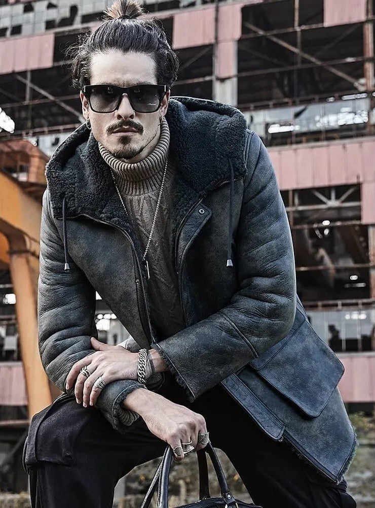 Men's Hooded Shearling Distressed Leather Coat In Gray - Arcane Fox