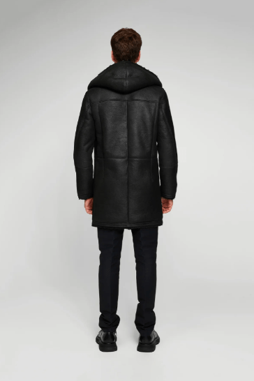 Men's Hooded Shearling Leather Coat In Black