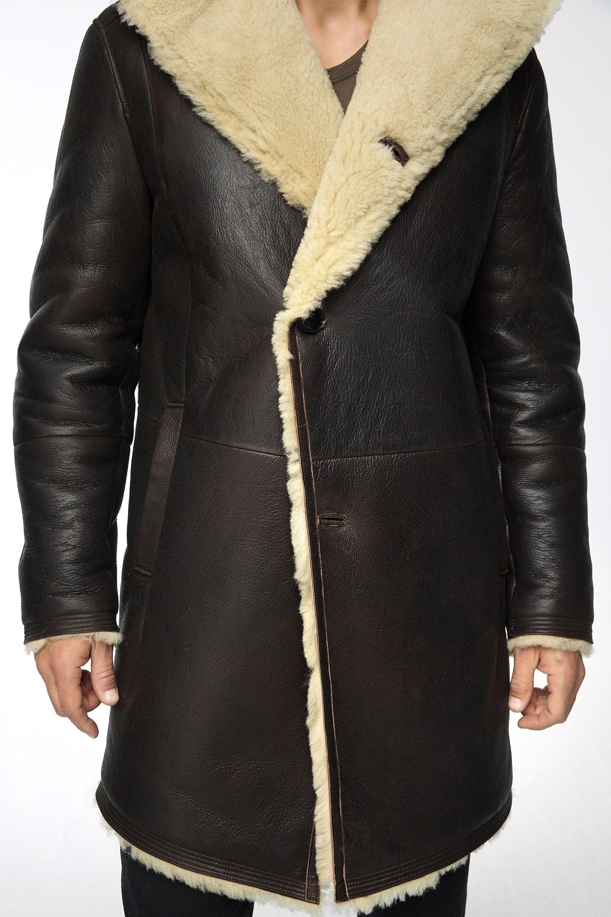 Men's Hooded Sheepskin Shearling Leather Coat In Black