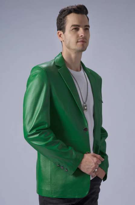 Men's Leather Blazer In Green - Arcane Fox Men's Leather Blazer In Green - Arcane Fox