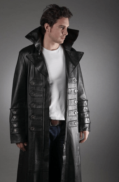 Men's Long Leather Coat In Black