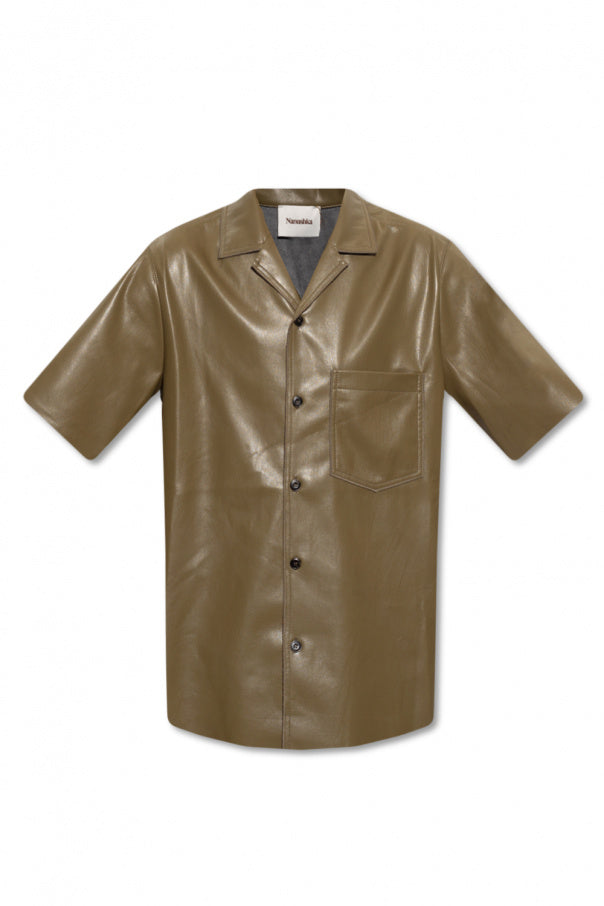 Men's Olive Green Leather Shirt In Half Sleeve