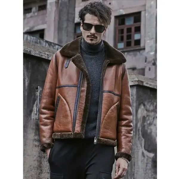 Arcane Fox - Men's Shearling B3 Bomber Leather Jacket In Dark Brown