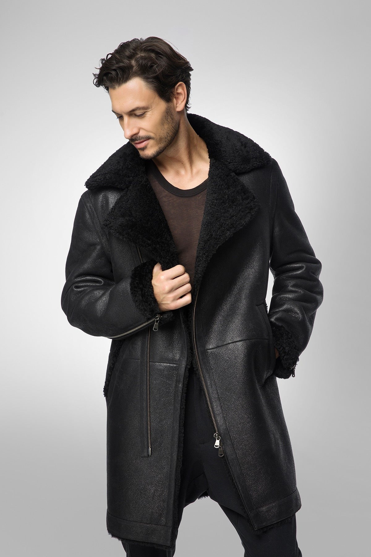 Men's Shearling B7 Bomber Leather Coat In Black