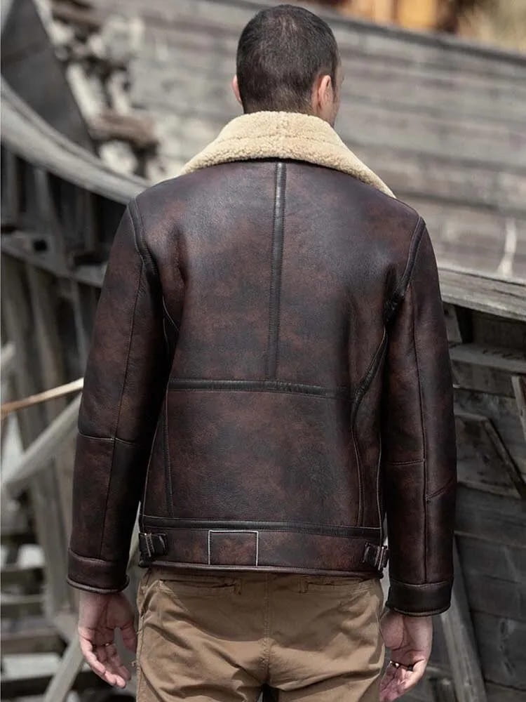 Men's Shearling Harrington Distressed Leather Jacket In Brown - Arcane Fox
