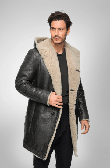 Men's Shearling Leather Coat In Black With Hood Arcane Fox