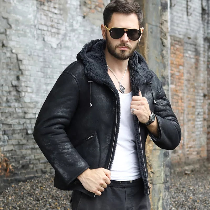 Men's Sheepskin Hooded Black Leather Jacket