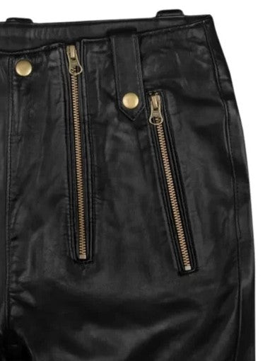 Men's Skinny Black Leather Pant With Golden Zip