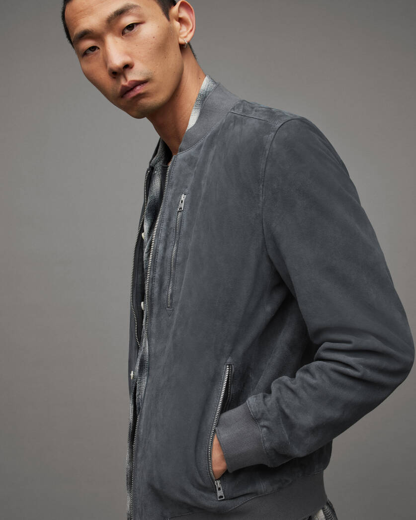 Men's Suede Leather Bomber Jacket In Dark Gray