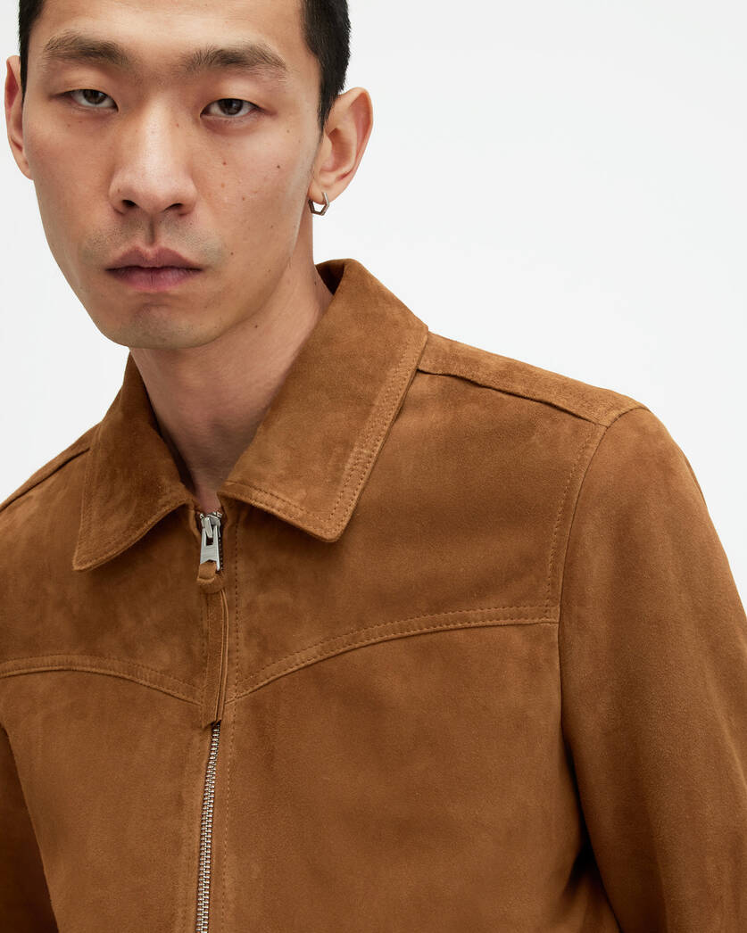 Men's Suede Leather Jacket In Brown