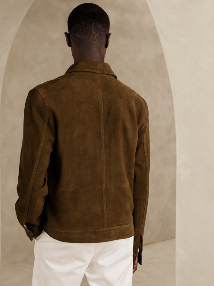 Men's Suede Leather Trucker Jacket In Dark Brown