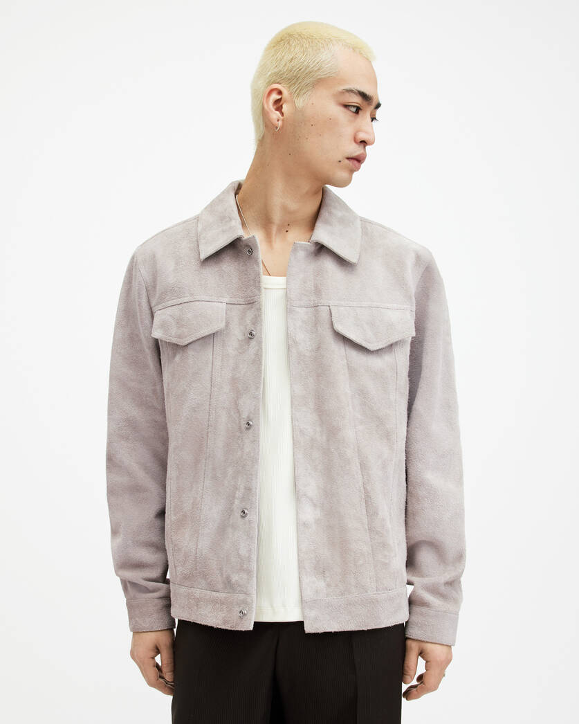 Men's Suede Leather Trucker Jacket In White Gray