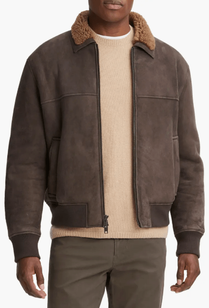 Men's Suede Shearling Leather Jacket In Beige