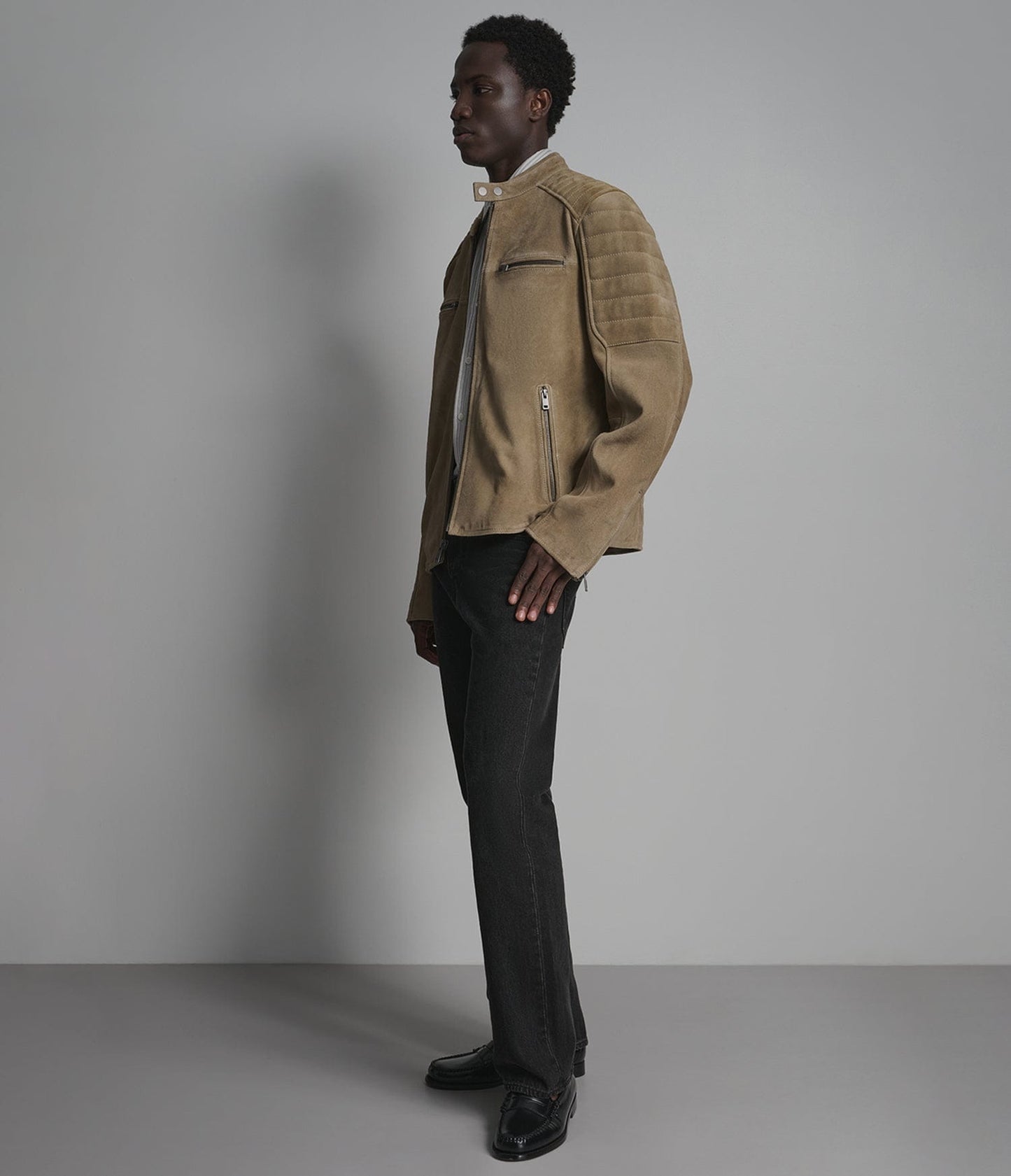 Men's Tan Cafe Racer Suede Leather Jacket - Arcane Fox