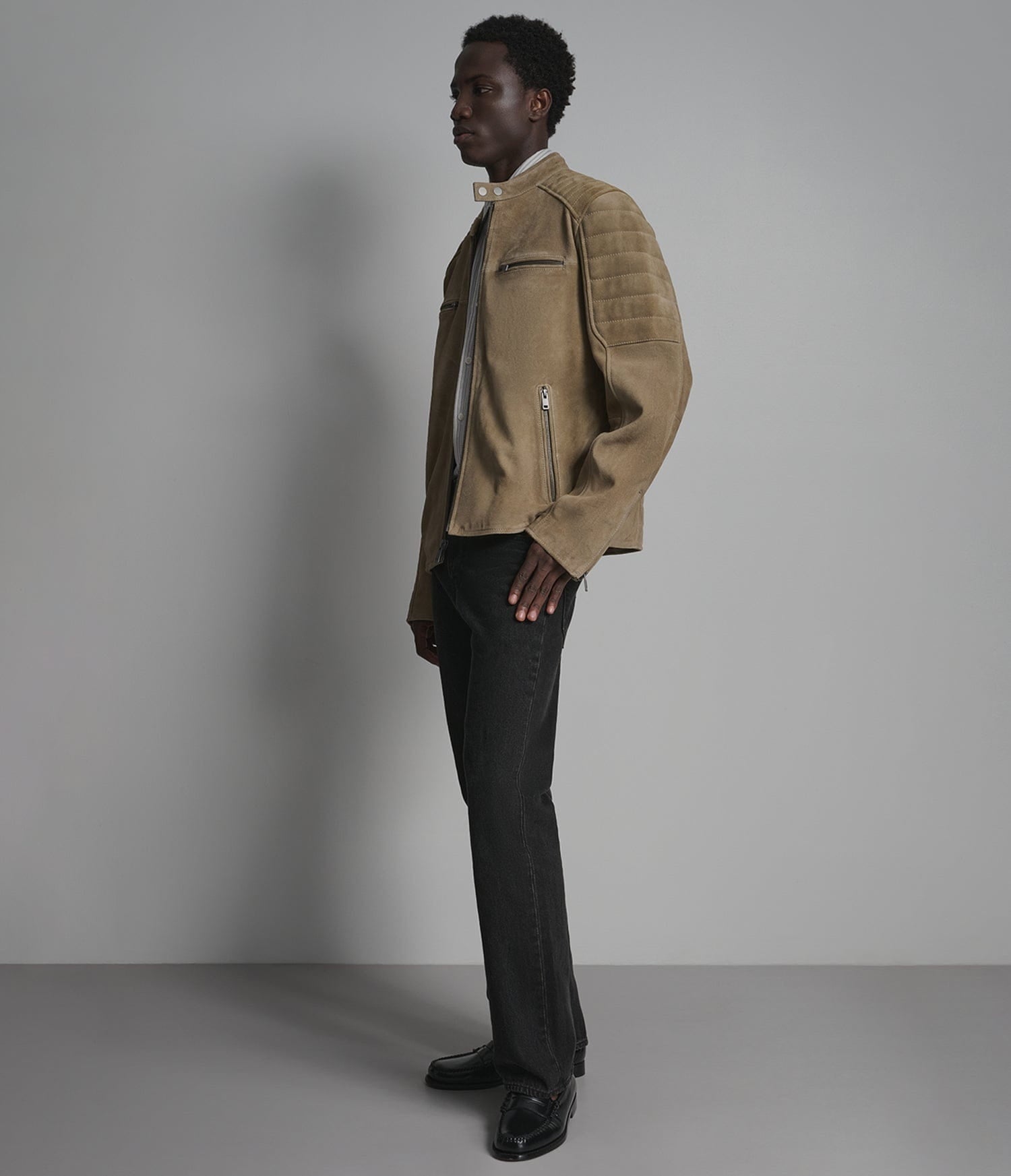 Men's Tan Cafe Racer Suede Leather Jacket - Arcane Fox