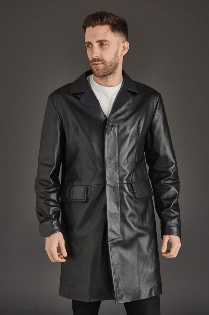 Men's Trench Leather Coat In Black