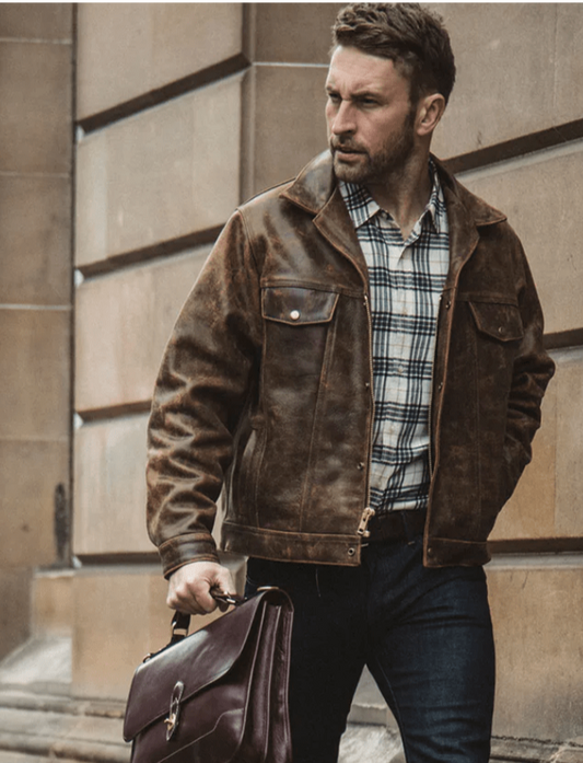 Men's Trucker Distressed Leather Jacket In Dark Brown