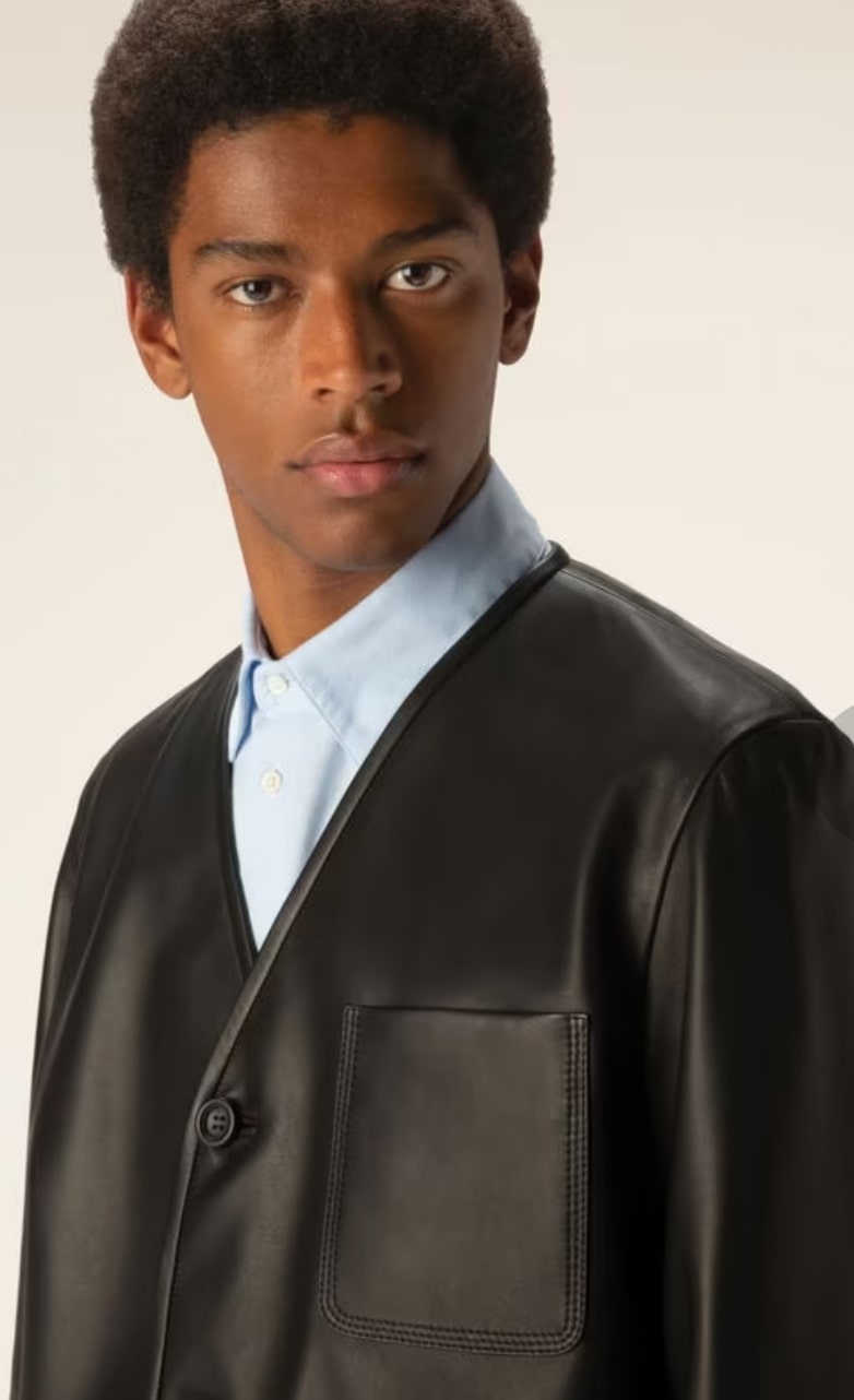 Men's V-Neck Cowhide Leather Shirt In Black