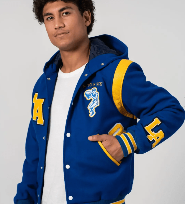 Men's Varsity Bomber Leather Jacket In Blue With Hood