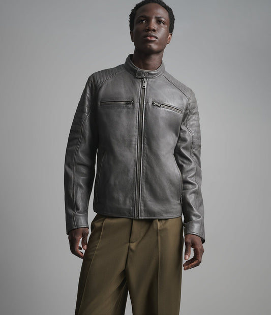 Men's Vintage Cafe Racer Leather Jacket In Gray