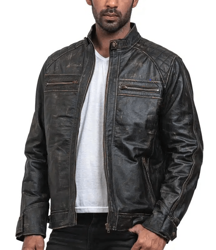 Men's Vintage Motorcycle Leather Jacket In Black