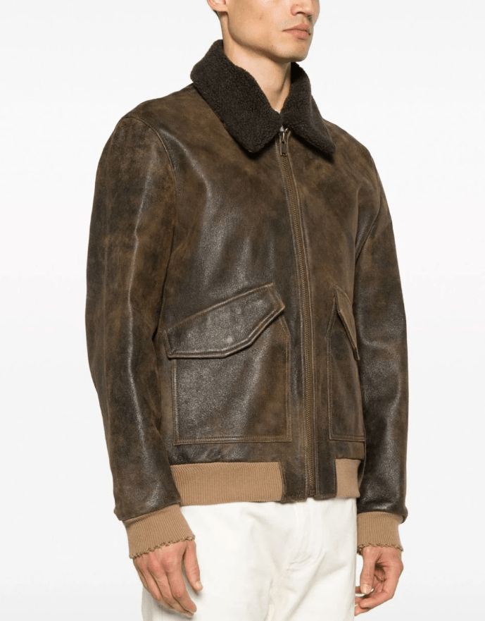 Men's Vintage Shearling Bomber Leather Jacket In Dark Brown