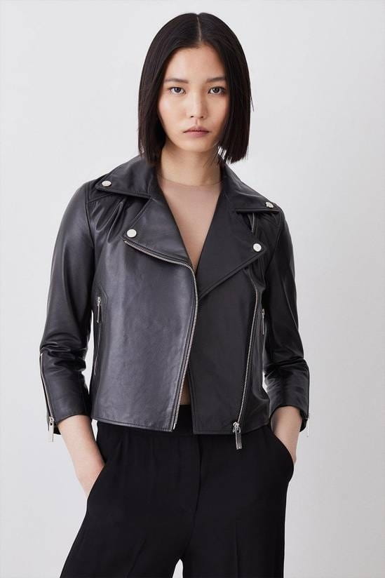 Women's 3/4 Sleeves Biker Leather Jacket In Black - Arcane Fox