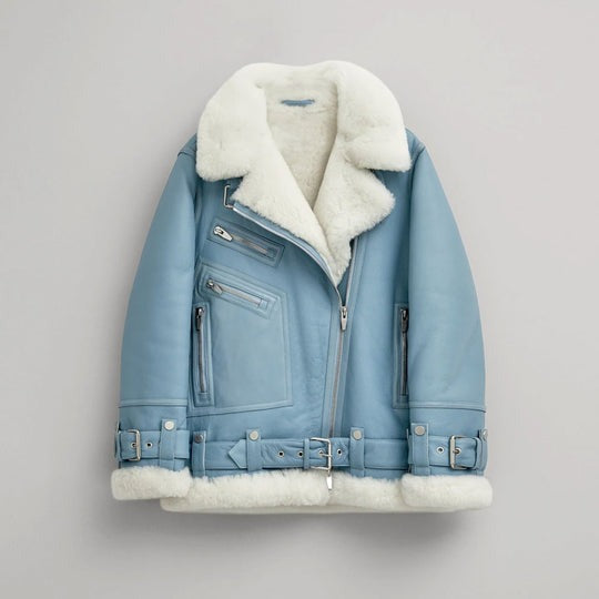 Arcane Fox - Women's B3 Shearling Fur Leather Jacket In Sky Blue
