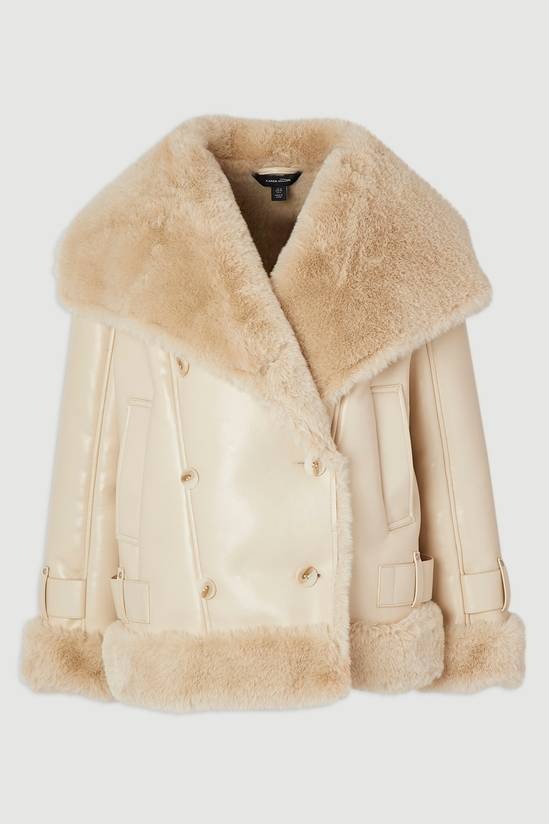 Women's B7 Shearling Beige Leather Jacket With Oversized Collar