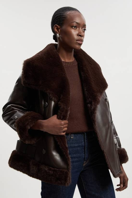 Women's B7 Shearling Chocolate Brown Leather Jacket With Oversized Collar