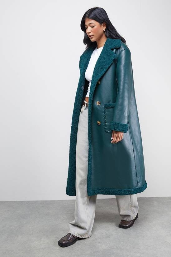 Women's B7 Shearling Trench Leather Coat In Deep Sea Green - Arcane Fox